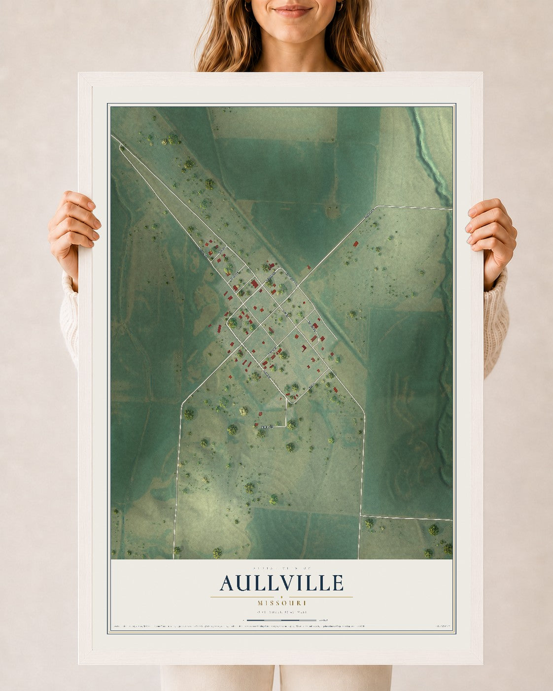 Map of Aullville, Missouri, 24 x 36 inch print in a white wood frame