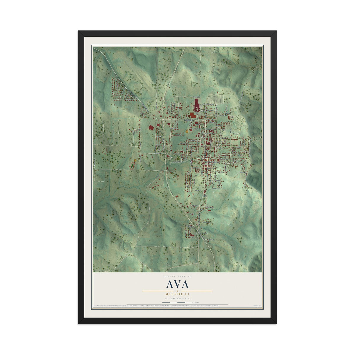 Map of Ava, Missouri, 12 x 18 inch print in a black wood frame