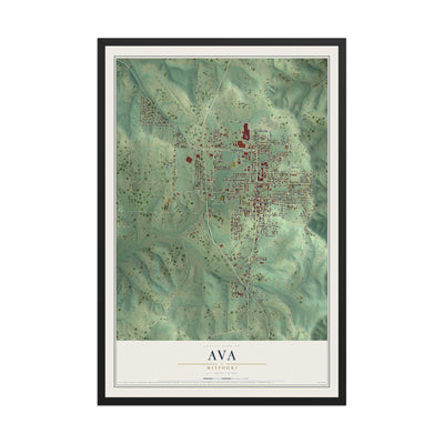Map of Ava, Missouri, 12 x 18 inch print in a black wood frame