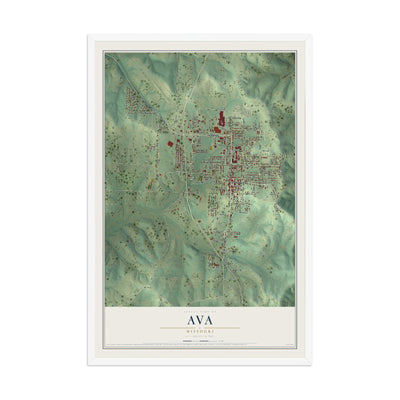 Map of Ava, Missouri, 12 x 18 inch print in a white wood frame