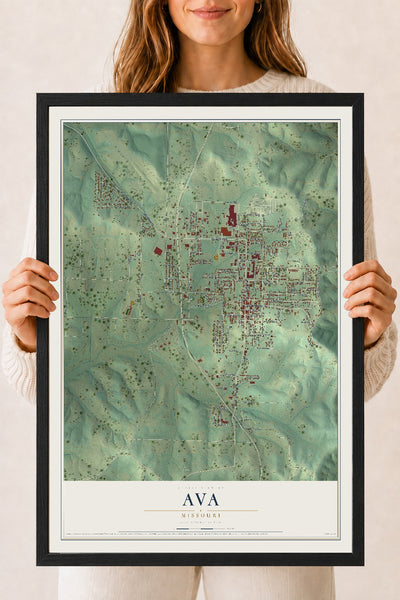 Map of Ava, Missouri, 18 x 24 inch print in a black wood frame