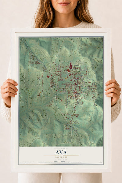 Map of Ava, Missouri, 18 x 24 inch print in a white wood frame