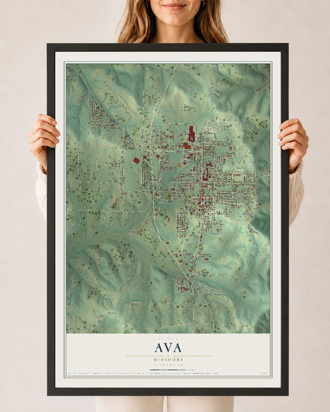 Map of Ava, Missouri, 24 x 36 inch print in a black wood frame