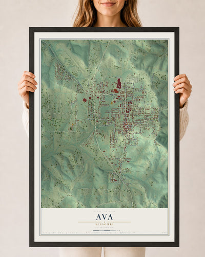 Map of Ava, Missouri, 24 x 36 inch print in a black wood frame