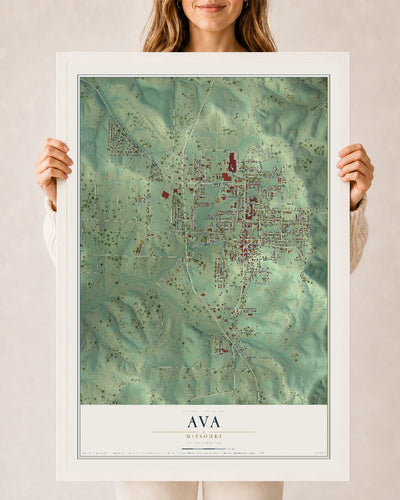 Map of Ava, Missouri, 24 x 36 inch print in a white wood frame