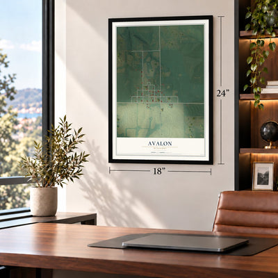 Avalon, Missouri map, 18 x 24 inch print in a black frame in a home office