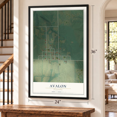 Avalon, Missouri map, 24 x 36 inch print in a black frame by a staircase