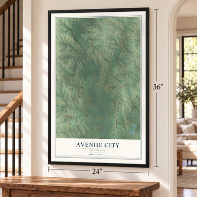 Avenue City, Missouri map, 24 x 36 inch print in a black frame by a staircase