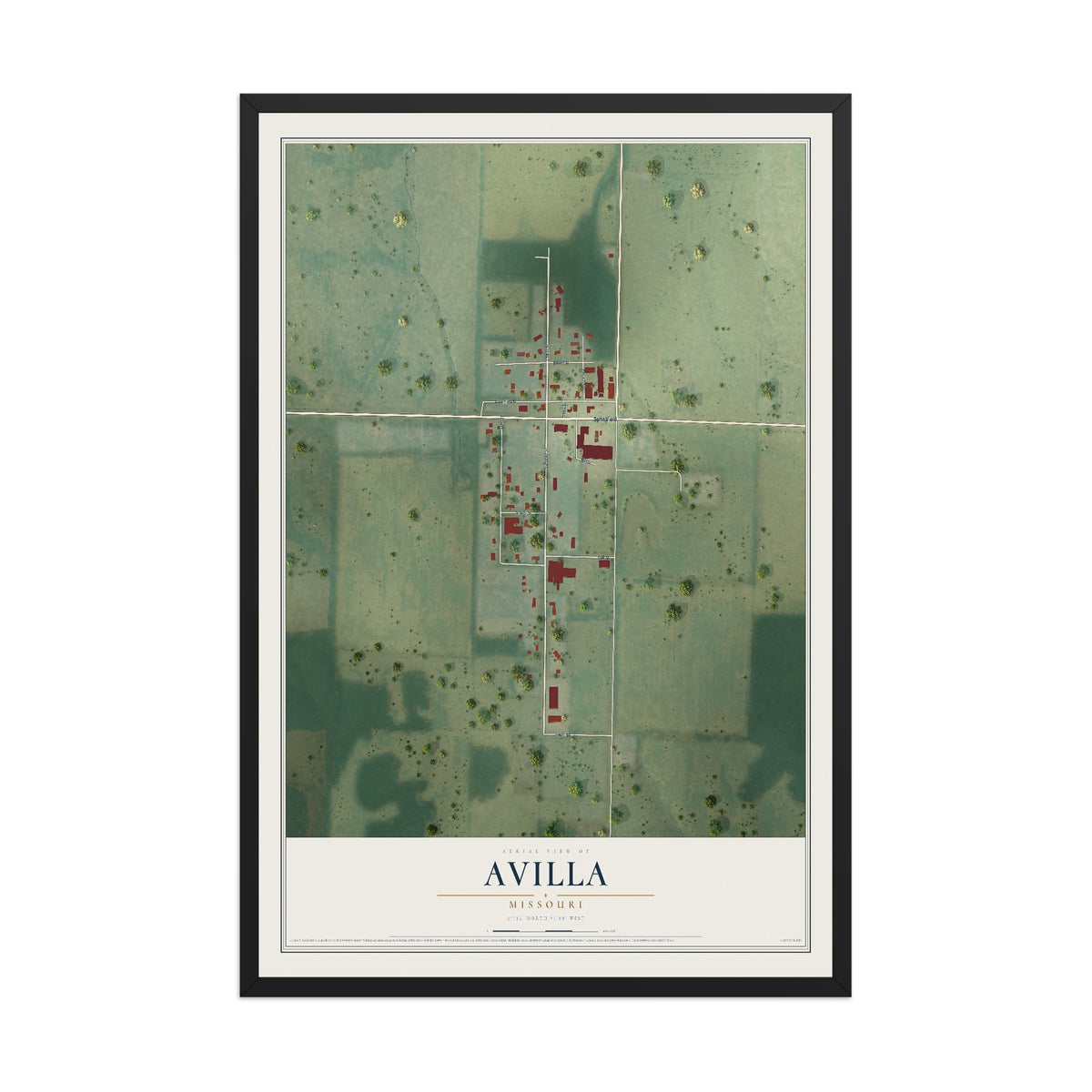 Map of Avilla, Missouri, 12 x 18 inch print in a black wood frame