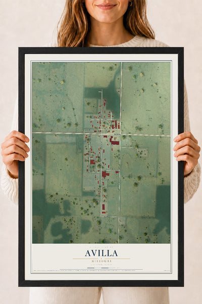 Map of Avilla, Missouri, 18 x 24 inch print in a black wood frame