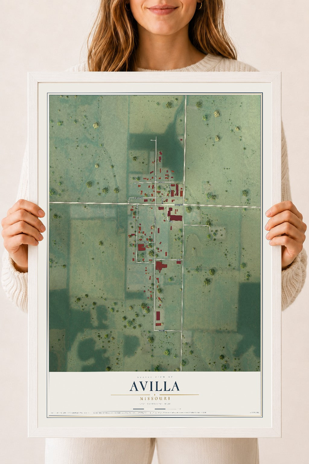 Map of Avilla, Missouri, 18 x 24 inch print in a white wood frame