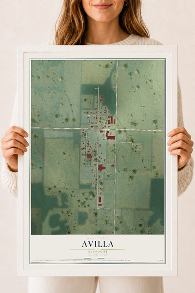 Map of Avilla, Missouri, 18 x 24 inch print in a white wood frame