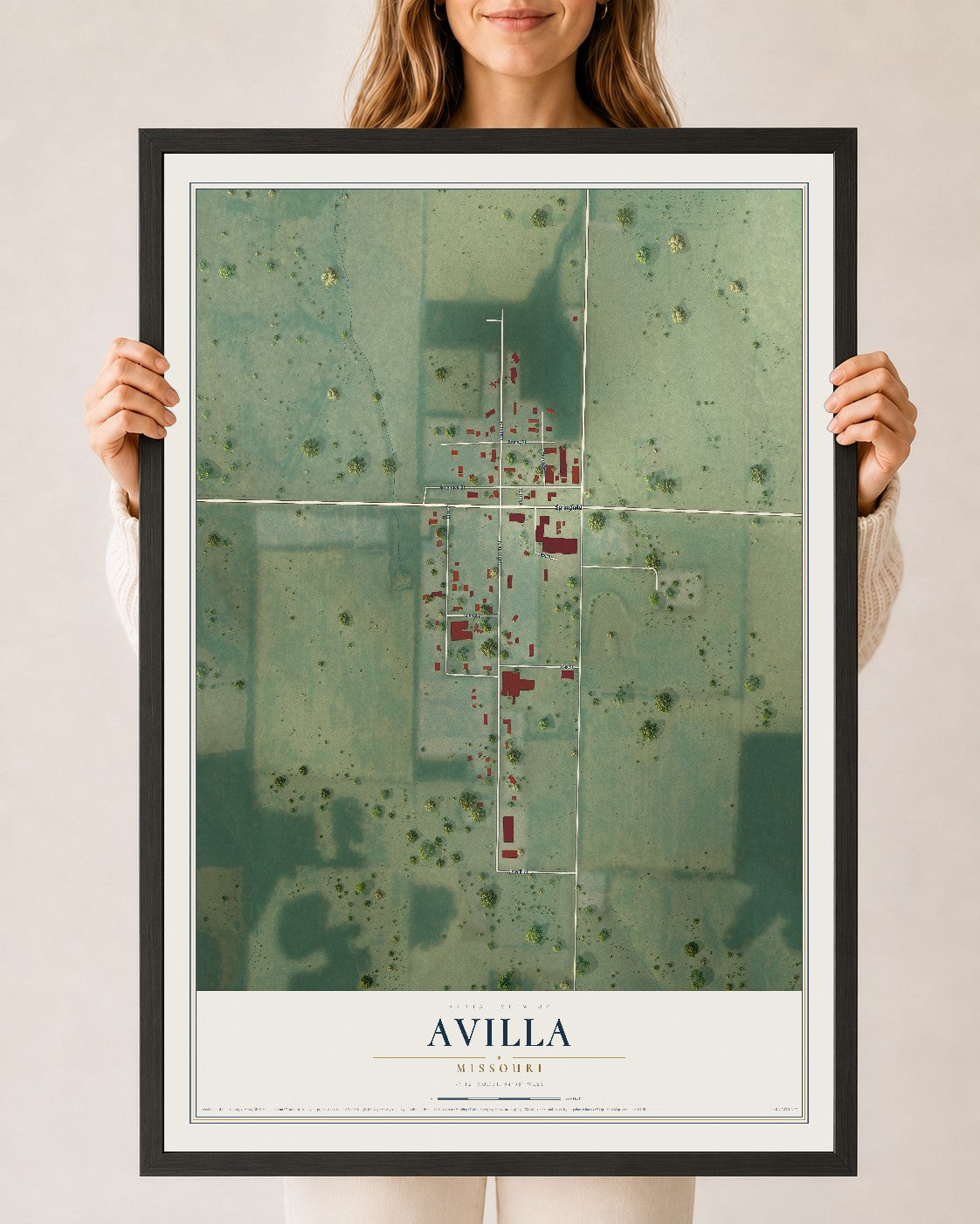 Map of Avilla, Missouri, 24 x 36 inch print in a black wood frame