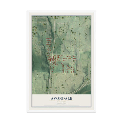 Map of Avondale, Missouri, 12 x 18 inch print in a white wood frame