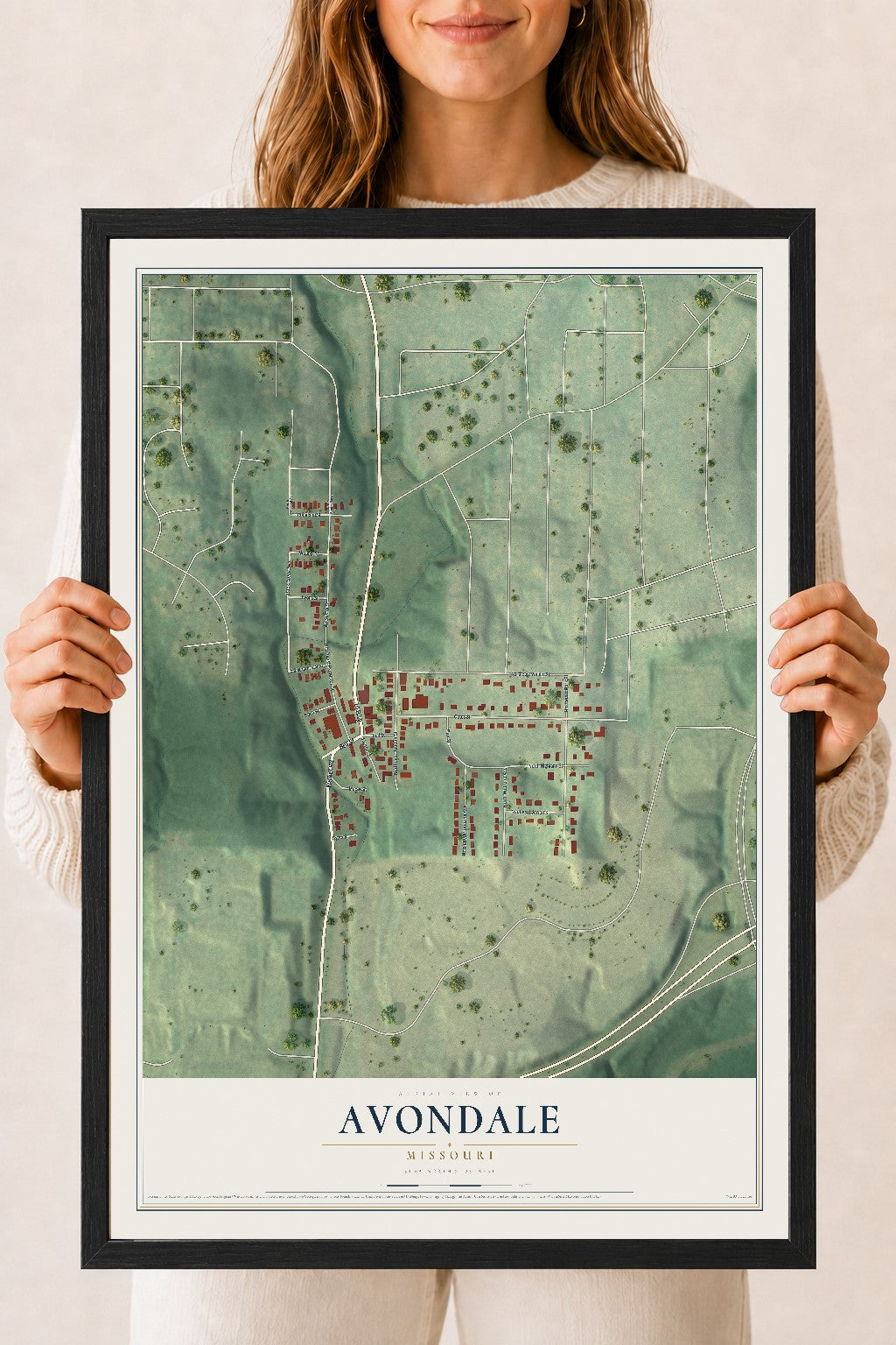 Map of Avondale, Missouri, 18 x 24 inch print in a black wood frame