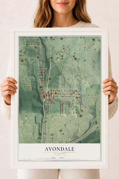 Map of Avondale, Missouri, 18 x 24 inch print in a white wood frame