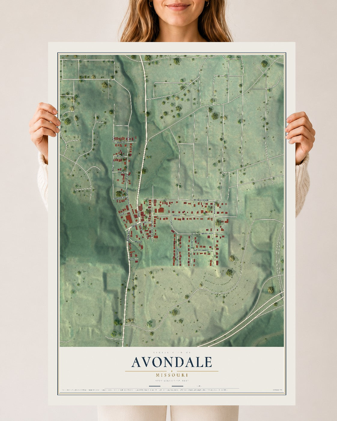 Map of Avondale, Missouri, 24 x 36 inch unframed archival matte print