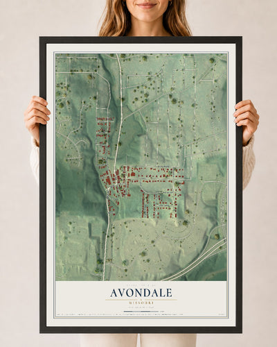 Map of Avondale, Missouri, 24 x 36 inch print in a black wood frame