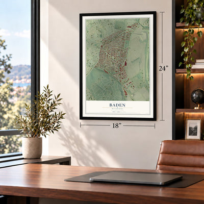 Baden, Missouri map, 18 x 24 inch print in a black frame in a home office