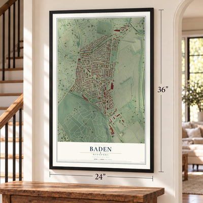 Baden, Missouri map, 24 x 36 inch print in a black frame by a staircase