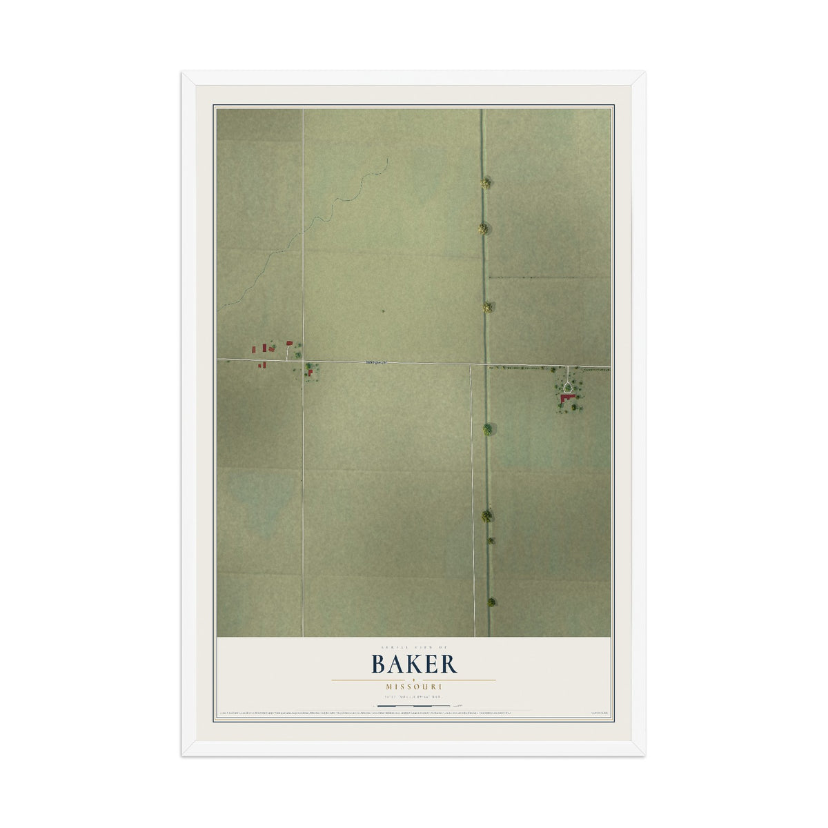 Map of Baker, Missouri, 12 x 18 inch print in a white wood frame