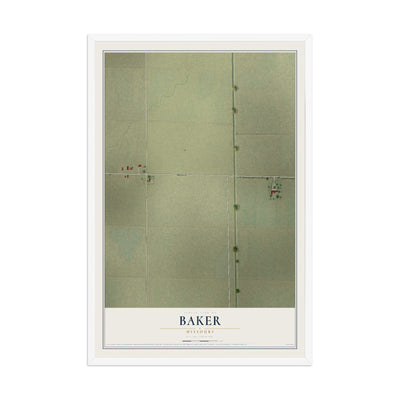 Map of Baker, Missouri, 12 x 18 inch print in a white wood frame