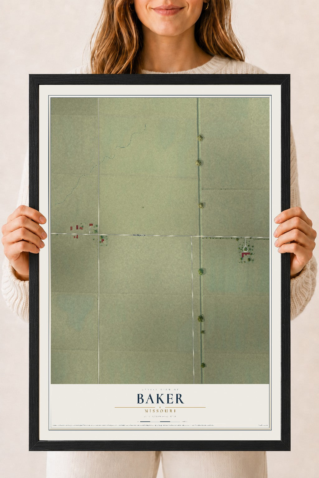 Map of Baker, Missouri, 18 x 24 inch print in a black wood frame