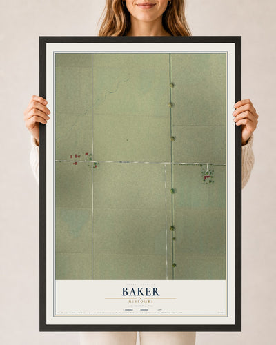 Map of Baker, Missouri, 24 x 36 inch print in a black wood frame