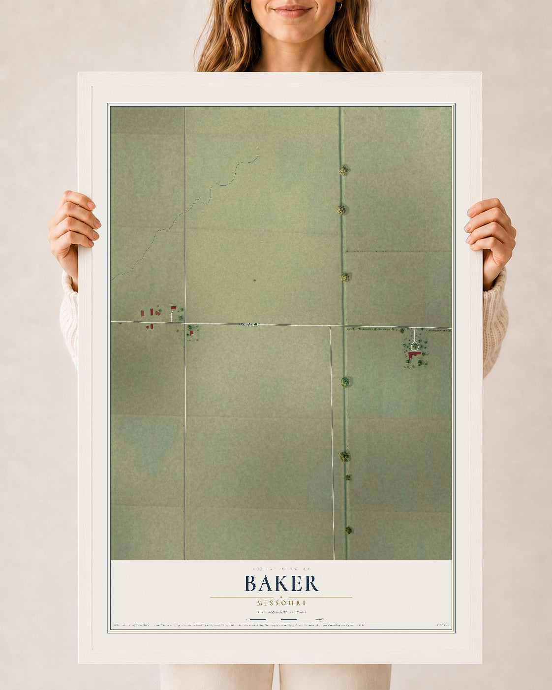 Map of Baker, Missouri, 24 x 36 inch print in a white wood frame