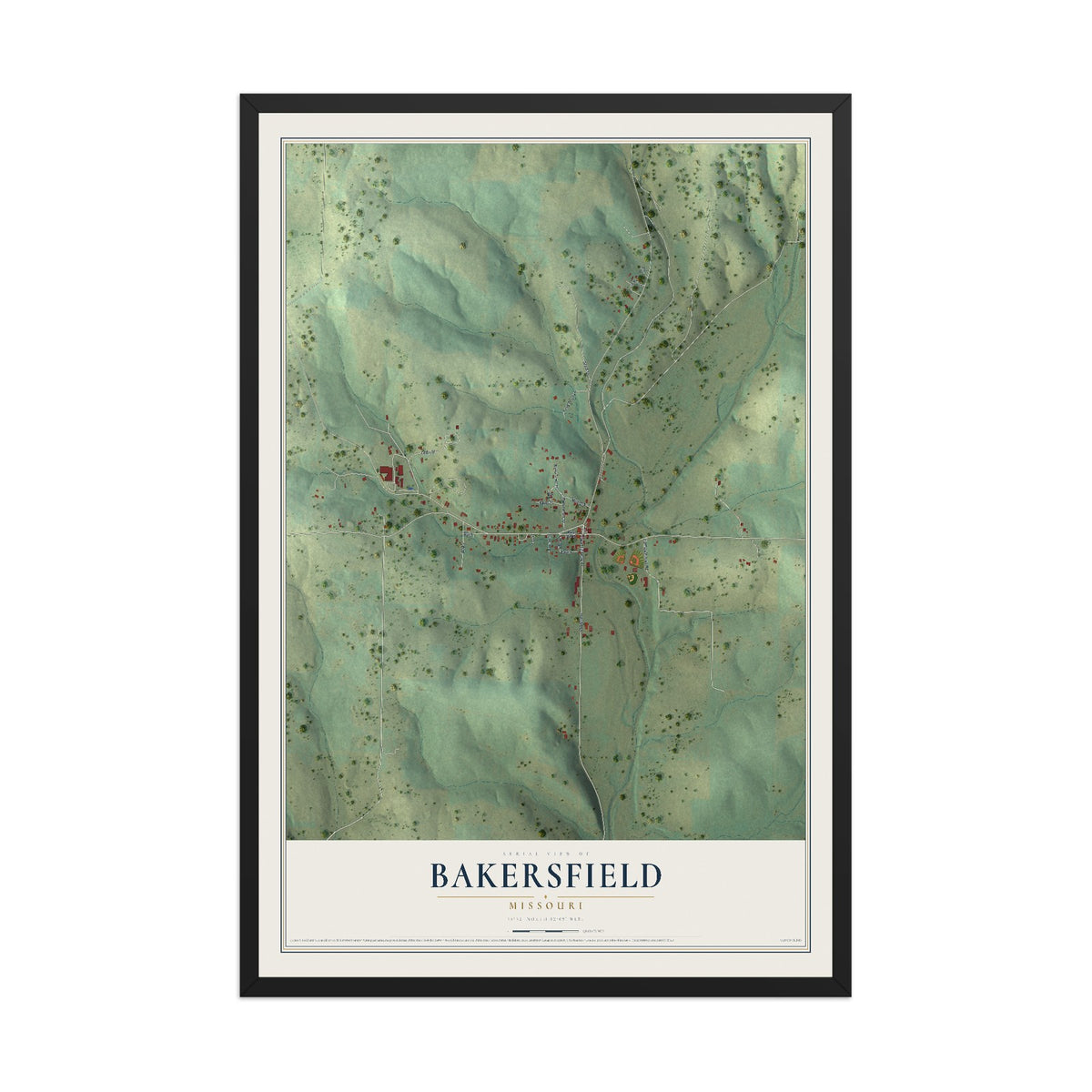 Map of Bakersfield, Missouri, 12 x 18 inch print in a black wood frame