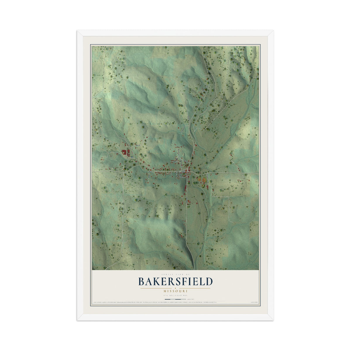 Map of Bakersfield, Missouri, 12 x 18 inch print in a white wood frame