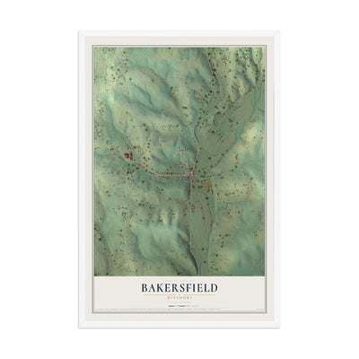 Map of Bakersfield, Missouri, 12 x 18 inch print in a white wood frame