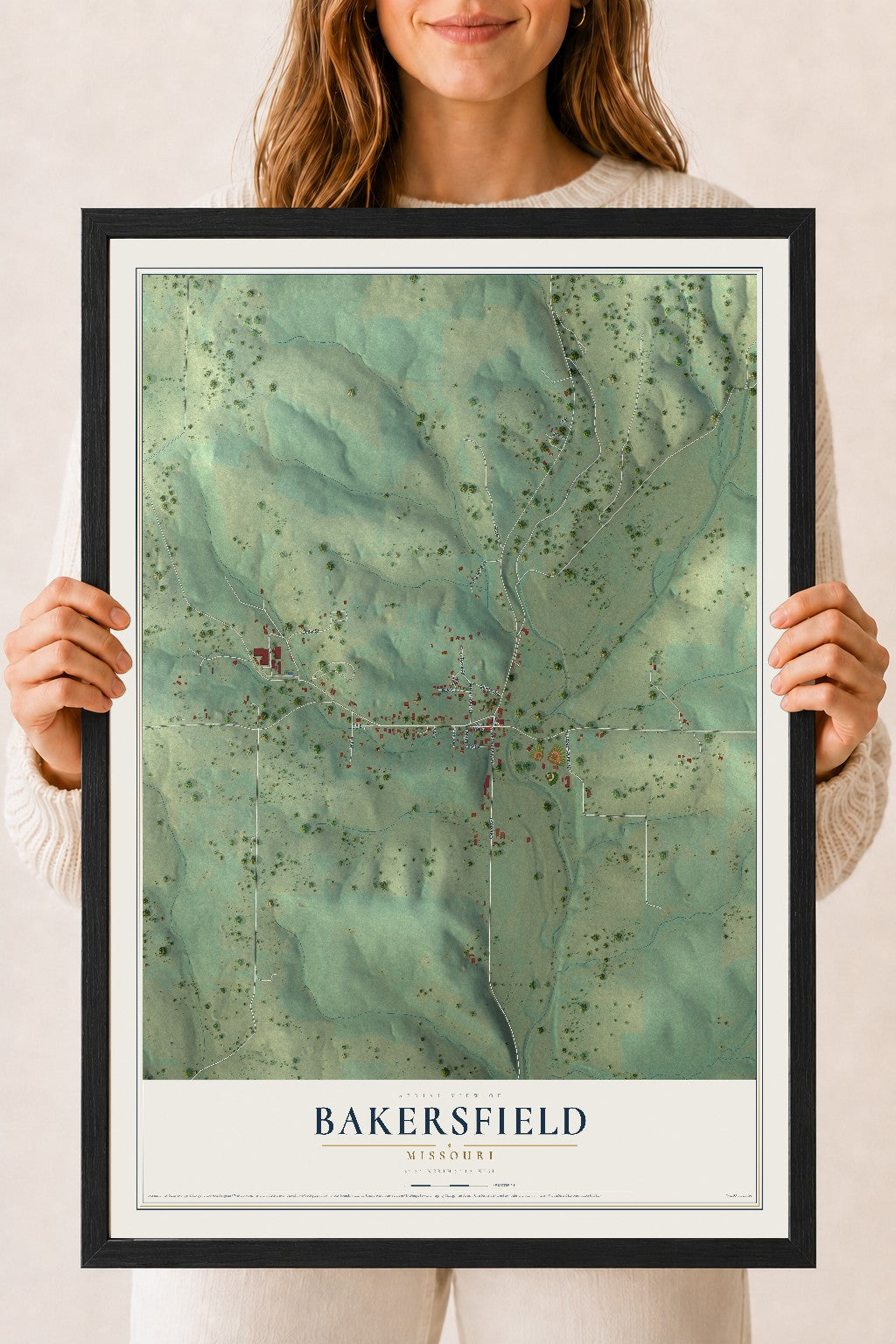 Map of Bakersfield, Missouri, 18 x 24 inch print in a black wood frame