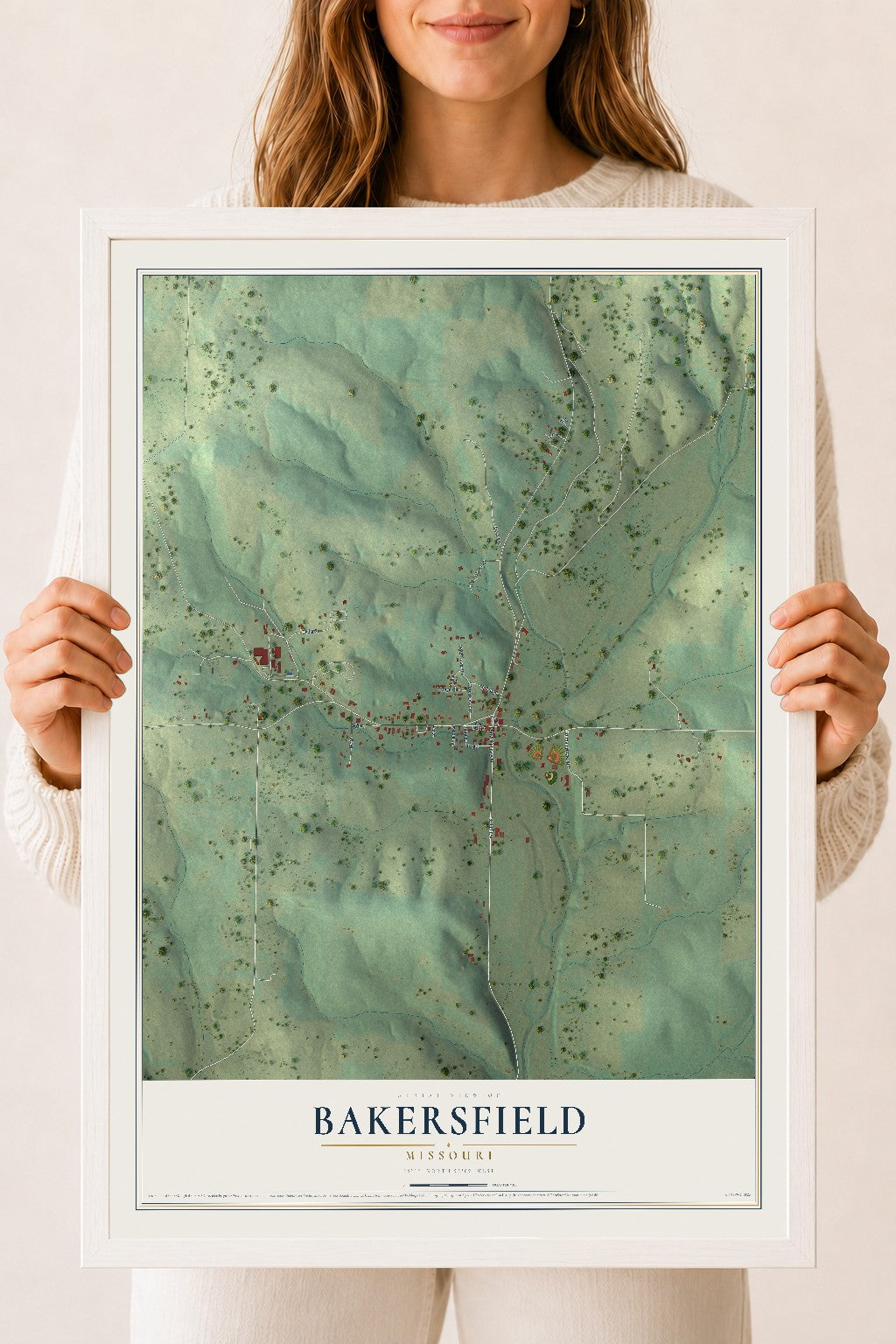 Map of Bakersfield, Missouri, 18 x 24 inch print in a white wood frame