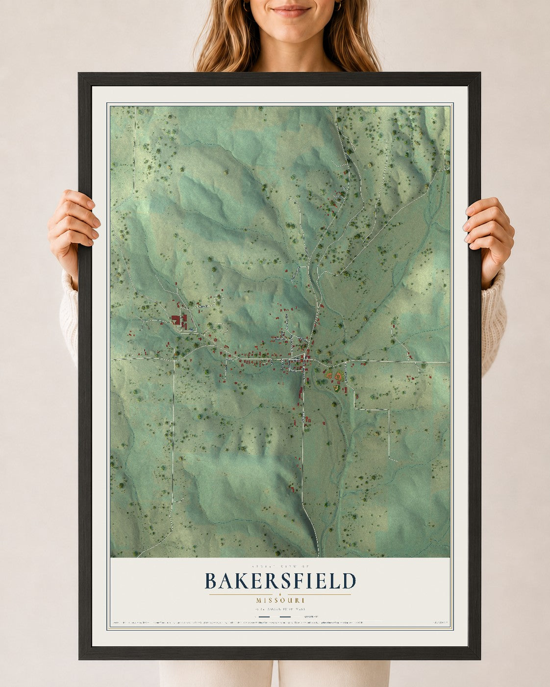Map of Bakersfield, Missouri, 24 x 36 inch print in a black wood frame