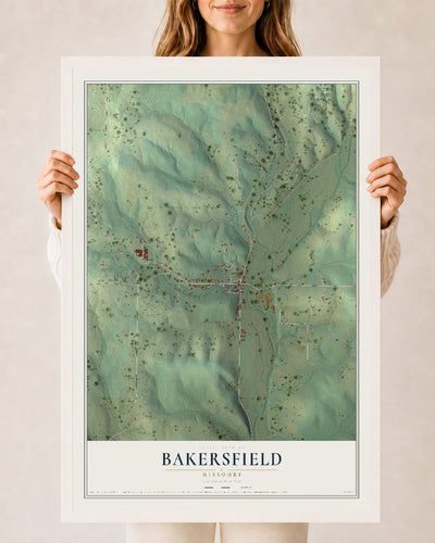 Map of Bakersfield, Missouri, 24 x 36 inch print in a white wood frame