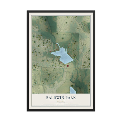 Map of Baldwin Park, Missouri, 12 x 18 inch print in a black wood frame