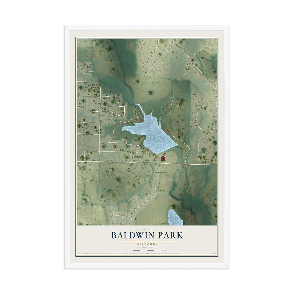 Map of Baldwin Park, Missouri, 12 x 18 inch print in a white wood frame