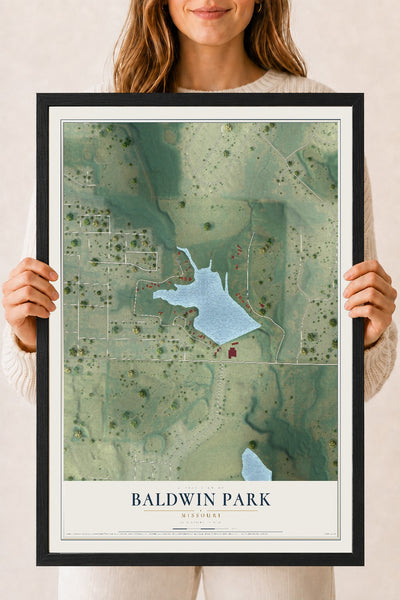 Map of Baldwin Park, Missouri, 18 x 24 inch print in a black wood frame