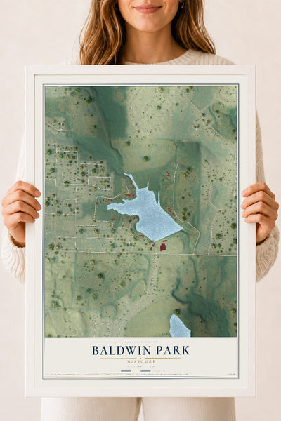 Map of Baldwin Park, Missouri, 18 x 24 inch print in a white wood frame