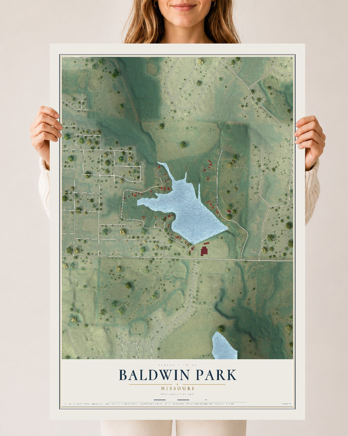 Map of Baldwin Park, Missouri, 24 x 36 inch unframed archival matte print