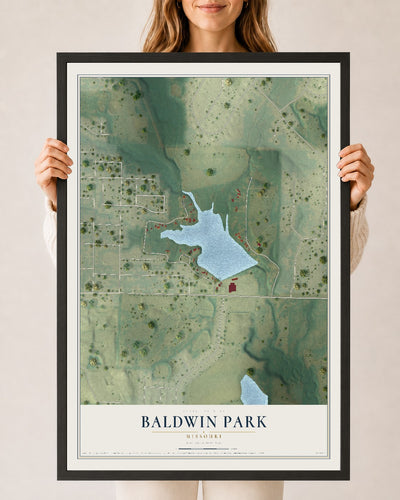 Map of Baldwin Park, Missouri, 24 x 36 inch print in a black wood frame