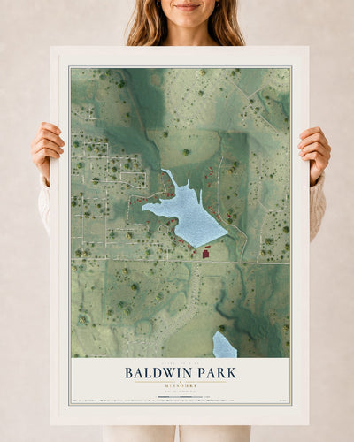 Map of Baldwin Park, Missouri, 24 x 36 inch print in a white wood frame
