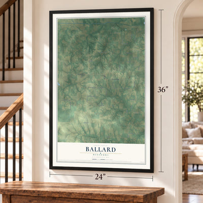 Ballard, Missouri map, 24 x 36 inch print in a black frame by a staircase