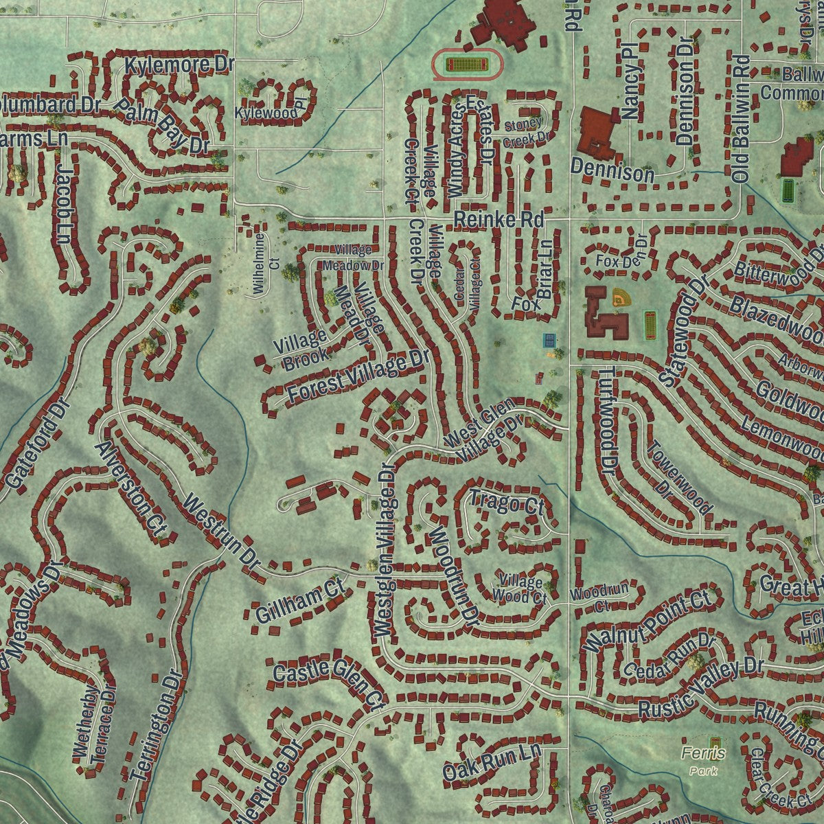 Close-up of the map of Ballwin, Missouri print showing street and building detail