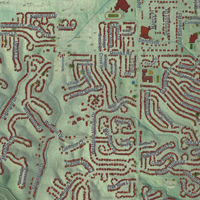 Close-up of the map of Ballwin, Missouri print showing street and building detail