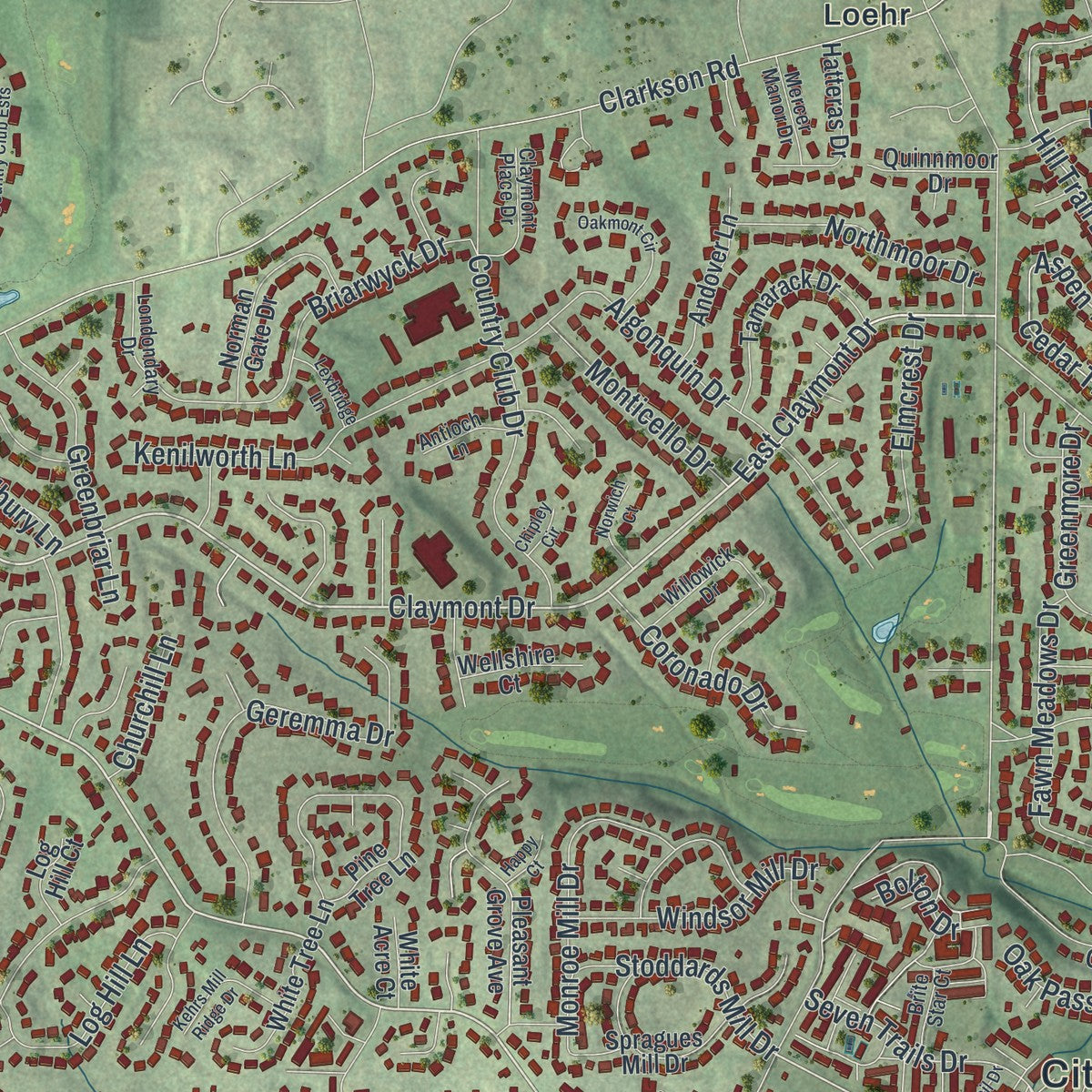 Second close-up of the map of Ballwin, Missouri print showing more streets and buildings