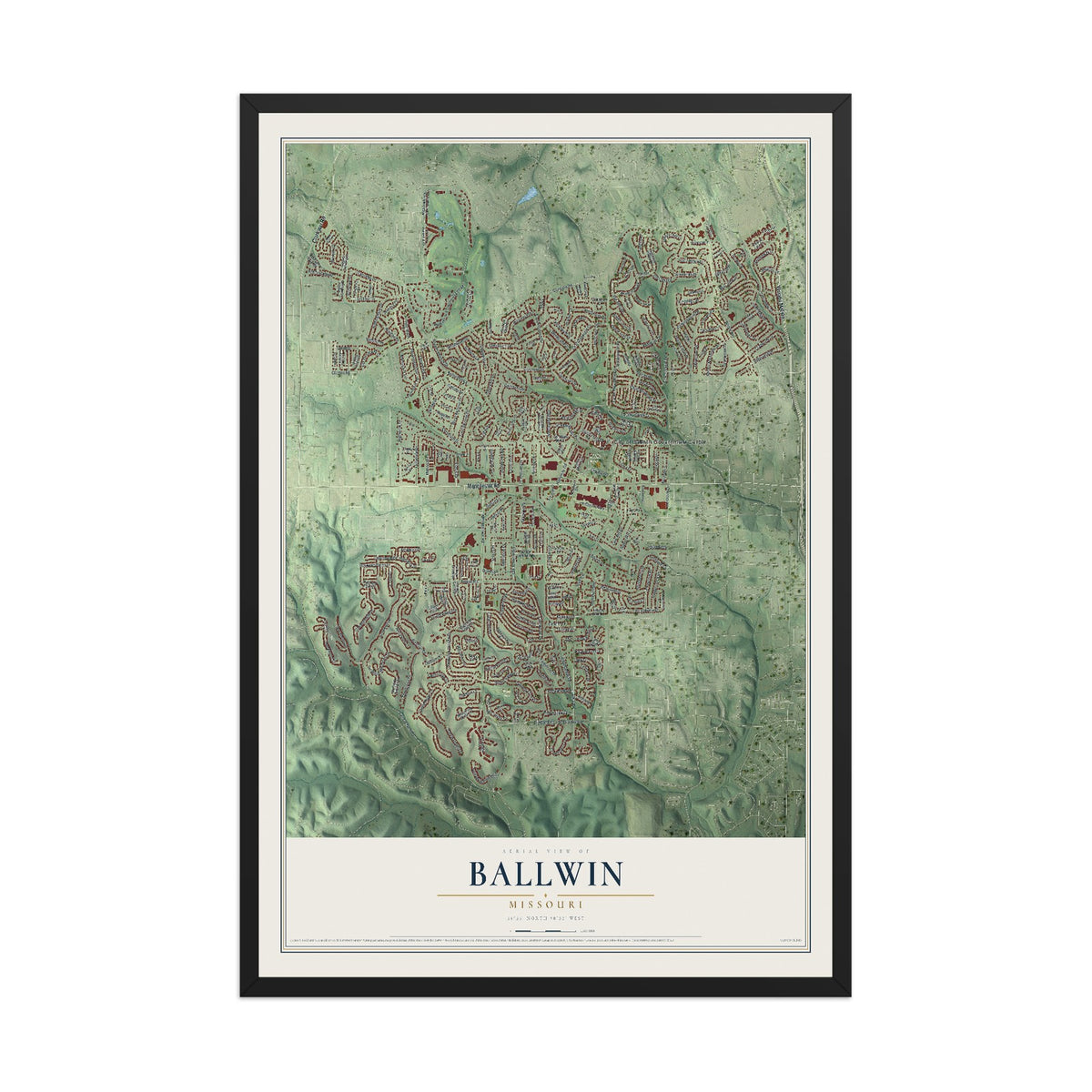 Map of Ballwin, Missouri, 12 x 18 inch print in a black wood frame