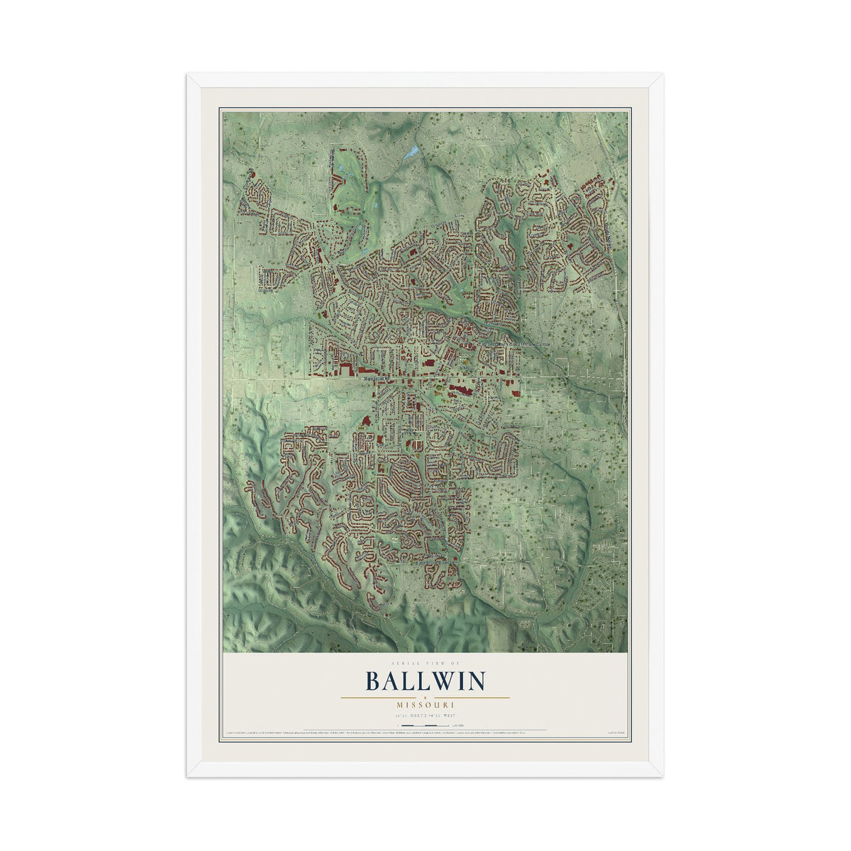 Map of Ballwin, Missouri, 12 x 18 inch print in a white wood frame
