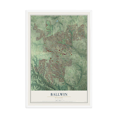 Map of Ballwin, Missouri, 12 x 18 inch print in a white wood frame
